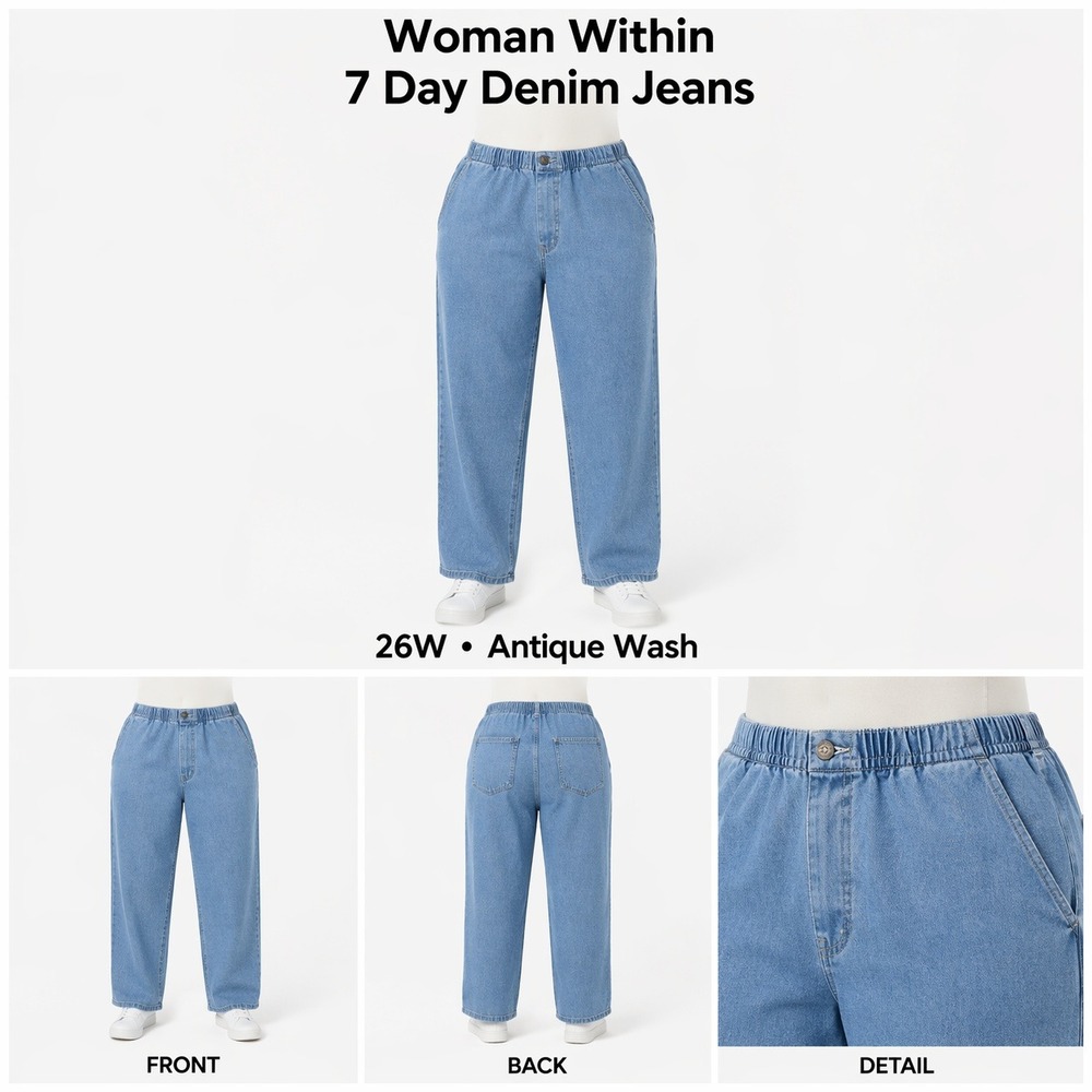 Woman Within Womens 26W 7 Day Denim Jeans Medium Blue‎ Wash Elastic Waist NWT